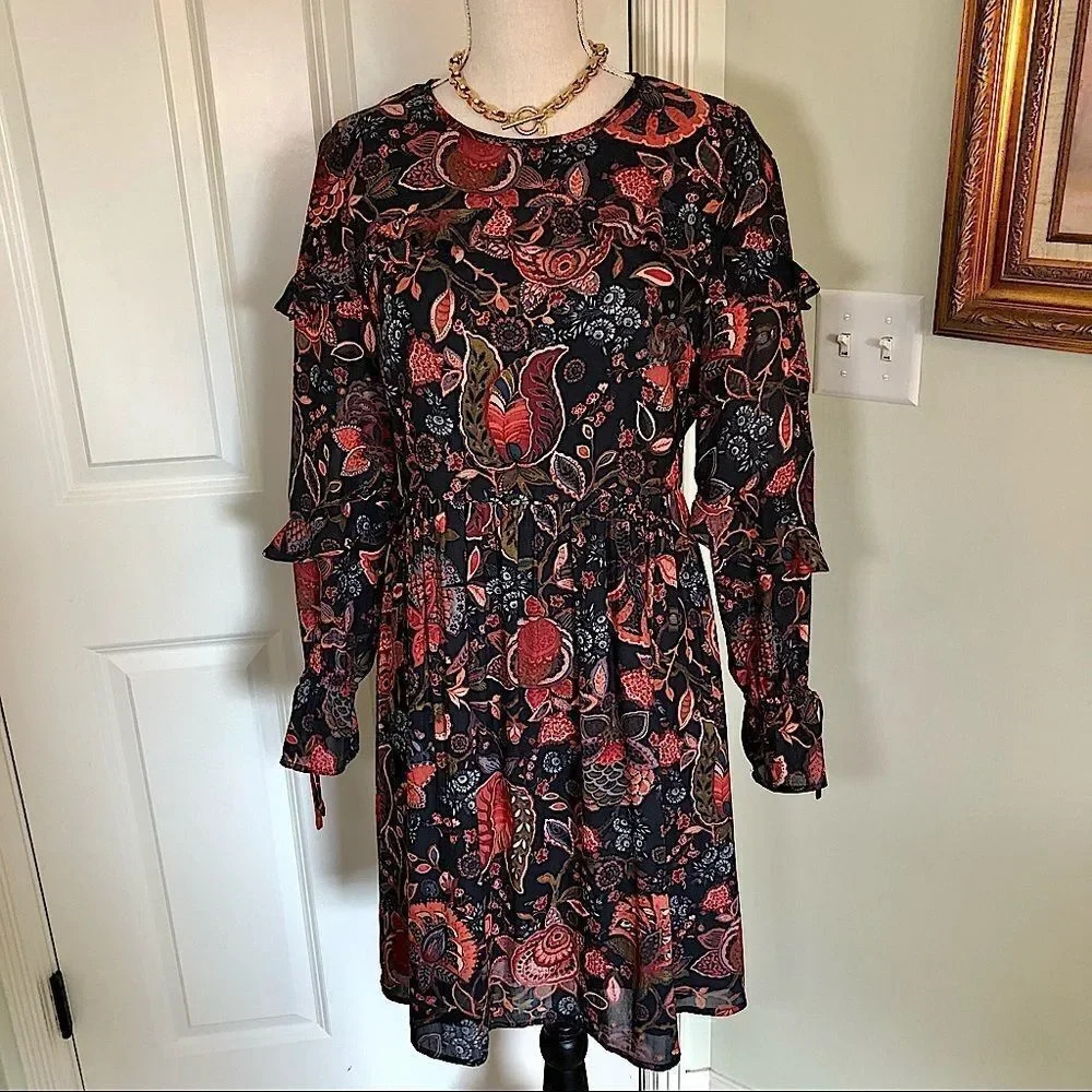 𝅺Loft flower paisley print red long sleeve ruffle dress size 2‎